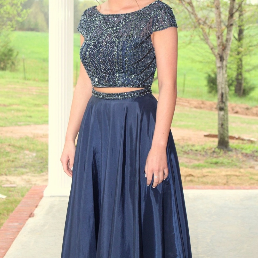 Sherri Hill Navy Beaded A-Line Evening Skirt Prom dress